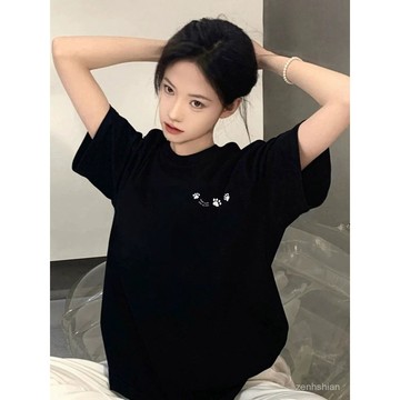 🔥100%純棉T恤 簡約貓咪印 M-6XL 大尺碼女裝 短袖上衣女 卡通印花t恤 短袖t桖 顯瘦遮肉 休閒女裝