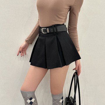 附腰帶西裝百褶短裙-黑【KT21973】