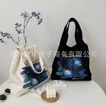 布凡良品/英倫風復古睡蓮插畫單肩帆布袋女文藝大容量手提托特包