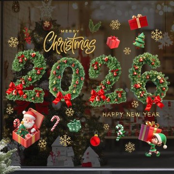 愛客JD4647圣誕節2026綠色松針鈴鐺窗貼節日室內外玻璃門窗靜電貼