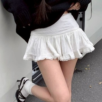 裙子 INS韓系蕾絲邊百褶裙白色短裙高腰A字裙辣妹夏天寬鬆顯瘦半身裙大碼女裝 10829
