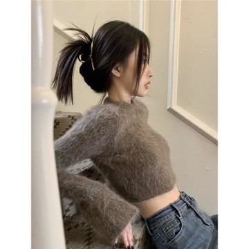 美拉德穿搭秋冬高腰短款馬海毛毛衣女設計感小眾別致辣妹內搭上衣