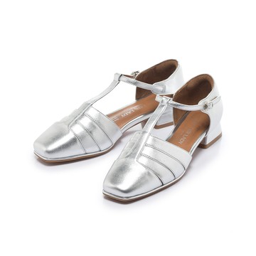 小時光 方頭編織T字繞帶低跟鞋 銀箔 (4J3011)