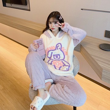 可愛網紅小熊ins風睡衣女甜美卡通加絨加厚法蘭絨保暖連帽家居服