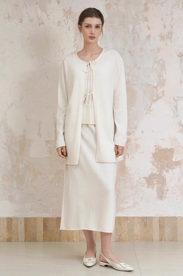 法式極簡 全羊毛優雅寬鬆開衫 半裙針織套裝