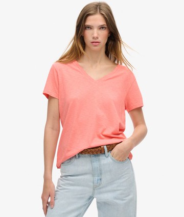 Superdry Women's Women's Slub Embroidered V-neck T-shirt Cream / Peach Amber Pink - Size: 8 Size: 4