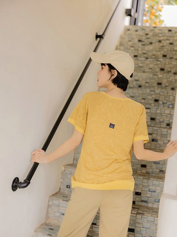 棉質條紋後背織標短袖上衣