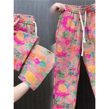 冰絲休閑褲女夏季薄款歐貨爆款亞麻花褲顯瘦小腳褲扎染百搭九分褲