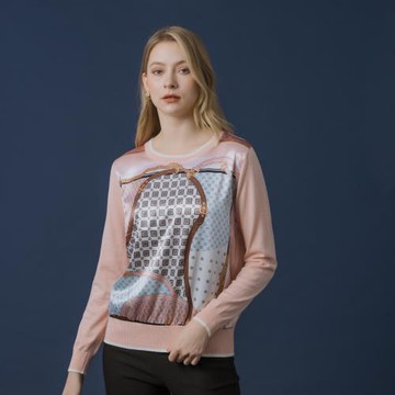 【YUTZUYA 優姿雅】名品皮鏈印花絲綢拼接針織衫/上衣