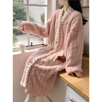 珊瑚絨睡袍女款秋冬季加絨加厚日系浴袍長款孕婦睡衣裙外套家居服