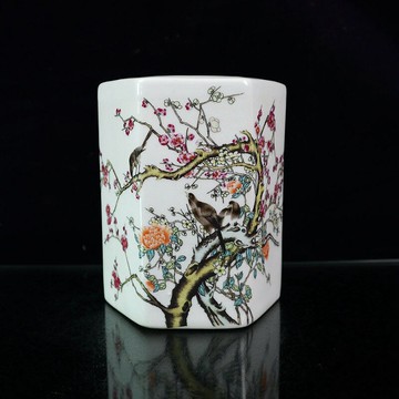 古玩收藏 民國粉彩花鳥六方筆筒仿古瓷器喜上枝頭筆筒 文房四寶