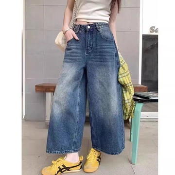 【🍇精選】S-4XL 大碼女裝 大碼美式高街復古水洗牛仔褲女 大碼七分褲 夏季 高腰寬鬆闊腿直筒褲 做舊八分褲 短褲中褲