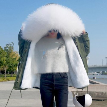 2023新款貉子毛領加絨加厚保暖可拆卸內膽冬裝修身棉外套派克服女