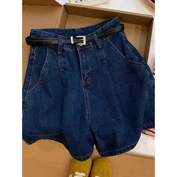 洋氣百搭減齡闊腿牛仔短褲女夏季薄款深色高腰寬鬆顯瘦a字熱褲子
