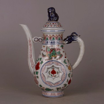 明宣德年麒麟紋龍柄壺 仿明代舊貨瓷器家居古玩裝飾老貨收藏擺件