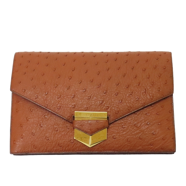 【二手名牌BRAND OFF】HERMES 愛馬仕 棕色 鴕鳥皮 手拿包 金扣 R刻