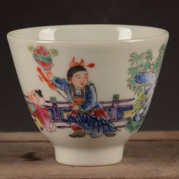 清同治粉彩手繪人物/花鳥紋主人杯茶杯古玩古董景德鎮廠貨瓷器