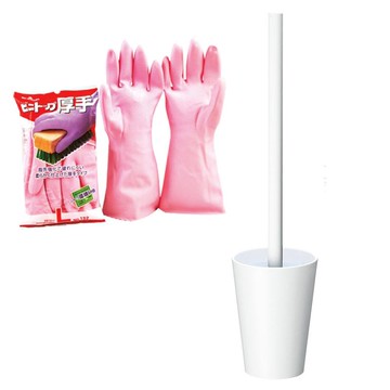 tidy抗菌馬桶刷組 - 純白色 + 日本頂級植絨抑菌手套 手套L (粉色)