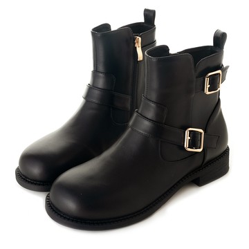 率性時尚雙帶扣輕量粗跟短靴 黑 GB542BK