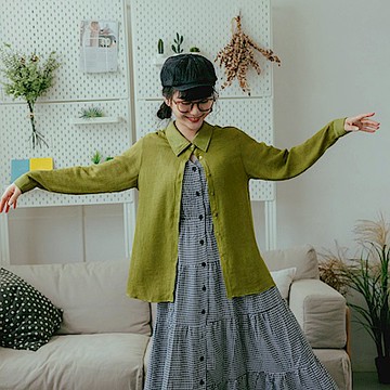 立體皺皺感翻領開襟排扣微透膚襯衫上衣-OB大尺碼