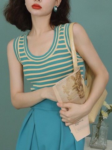 撞色條紋針織吊帶小清新背心女春內搭外穿修身顯瘦無袖t恤上衣薄