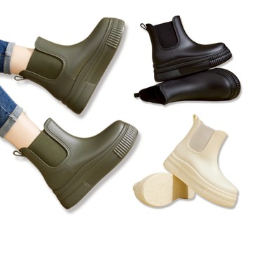 【白鳥麗子】短靴 街頭皮革拼接切爾西防水雨靴 店長推薦