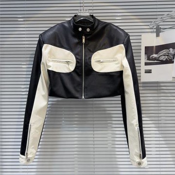 網紅同款2025秋季新款炸街辣妹拉鏈口袋黑白拼色機車皮衣夾克外套