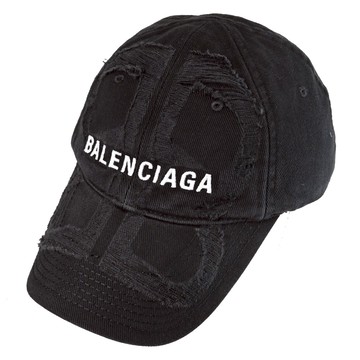 BALENCIAGA 巴黎世家 719282 電繡LOGO刷破棉質棒球帽.黑