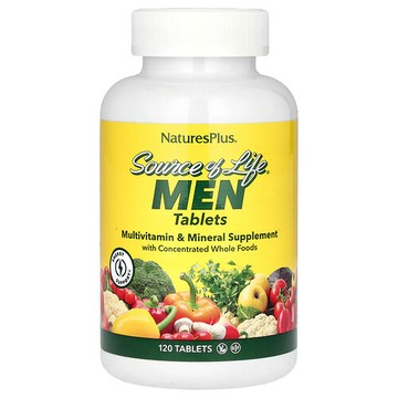 NaturesPlus, Source of Life，男士，含全食物濃縮物的複合維生素和礦物質補充劑，不含鐵，120片片劑