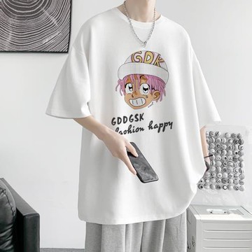 純棉短袖男款夏季卡通印花t恤寬松圓領潮牌體恤青少年半袖打底衫