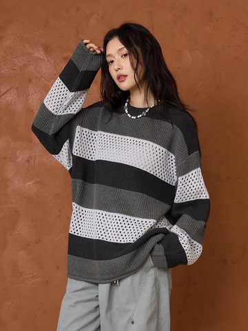 簡約橫條拼接寬鬆針織衫