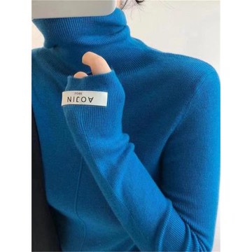 藍色高領針織衫毛衣內搭打底衫女秋季T恤長袖堆堆領克萊因藍上衣