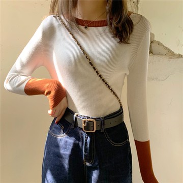 長袖拼接撞色針織打底衫女秋冬百搭套頭打底毛衣女內搭修身上衣1入