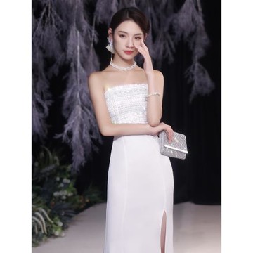 重要場合漂亮白色抹胸晚禮服裙女2025新款年會高端輕奢小眾高級感