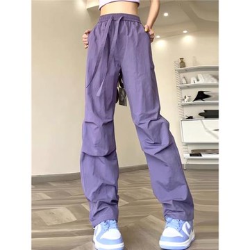 紫色冰絲速干女款工裝褲子新款2026夏季薄款多巴胺穿搭直筒闊腿褲