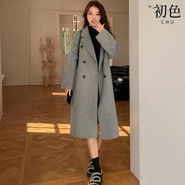 初色 純色西裝領長袖毛呢大衣外套女外套-共2色-38636(M-XL可選)