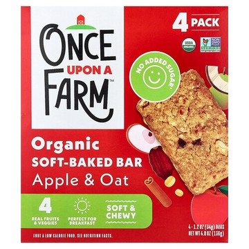 Once Upon A Farm, 有機軟烤零食棒，蘋果燕麥味，4 根，每根 1.2 盎司（34 克）