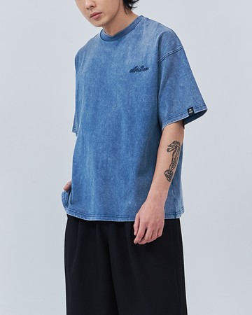男裝 洗舊設計刺繡字短袖上衣-藍 S/M/L/XL