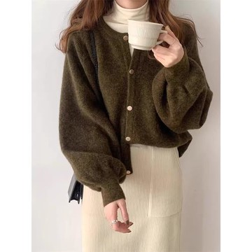 羊絨開衫毛衣女2025春秋季新款寬松復古軟糯小香風針織燈籠袖外套