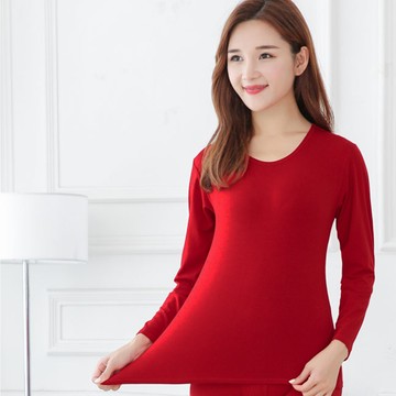 輕磨毛暖暖發熱衣(亮紅_圓領_女款)
