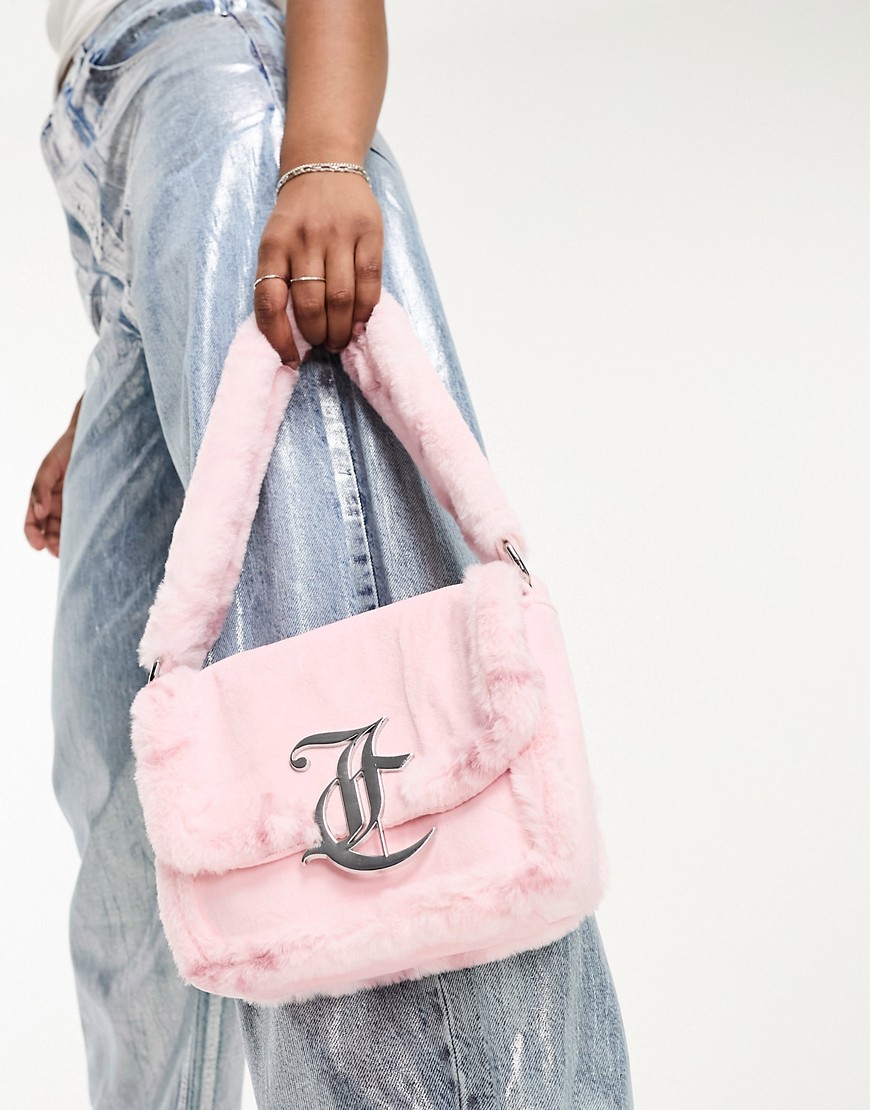 Juicy Couture faux fur and velour baguette bag in pale pink-White