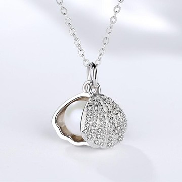 S925貝殼珍珠吊墜項鏈純銀小清新韓版簡約淑女百搭銀鎖骨鏈女刻字