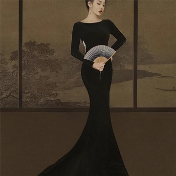 影樓主題森系寫真魚尾裙黑色露背禮服港風修身收腰時尚新潮裙子新