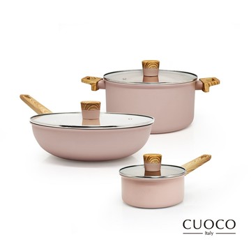 626【CUOCO】北歐系列-粉紅佳人陶瓷不沾3鍋6件組/附鍋蓋/IH電磁爐適用