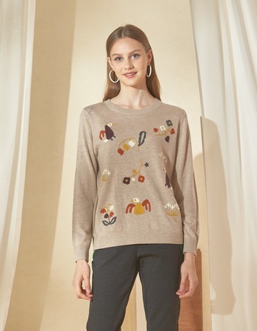 ★【喜芝梅】花園遊蹤 藝術感多彩圖案剌繡長袖針織上衣(三色；F) 224380902