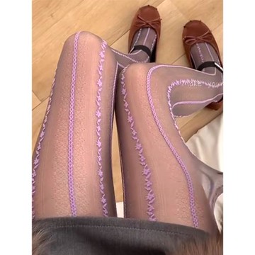 夜間教習室提花絲襪女春秋法式復古豎條紋連褲襪子女辣妹紫色絲襪