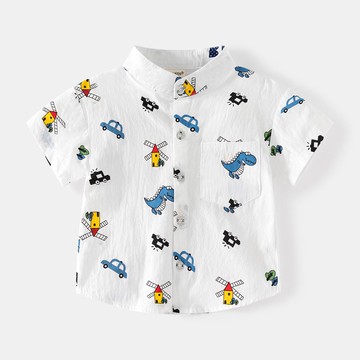 WELLKIDS - 純棉休閒立領短袖襯衫-恐龍+車車-白色