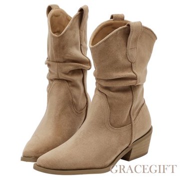 【Grace Gift】波希米亞尖頭V口絨布堆堆西部靴 駝