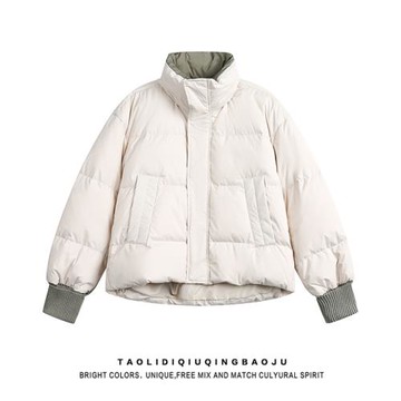 學院風撞色立領保暖羽絨服外套女冬季潮牌休閑情侶加厚面包服上衣