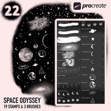 procreate筆刷 | 宇宙星空星雲月亮星球裝飾素材手掌iPad插畫22支畫筆